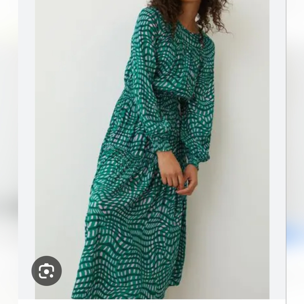 Oliver Bonas Wavy Check Print Green &‎ Pink Midi Dress Size 2